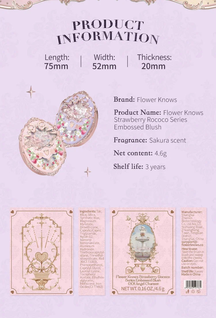 Flower Knows Makeup Strawberry Rococo Violet Series Embossed Blush Palette Lightweight, Smooth,Long-lasting Face Enhancing