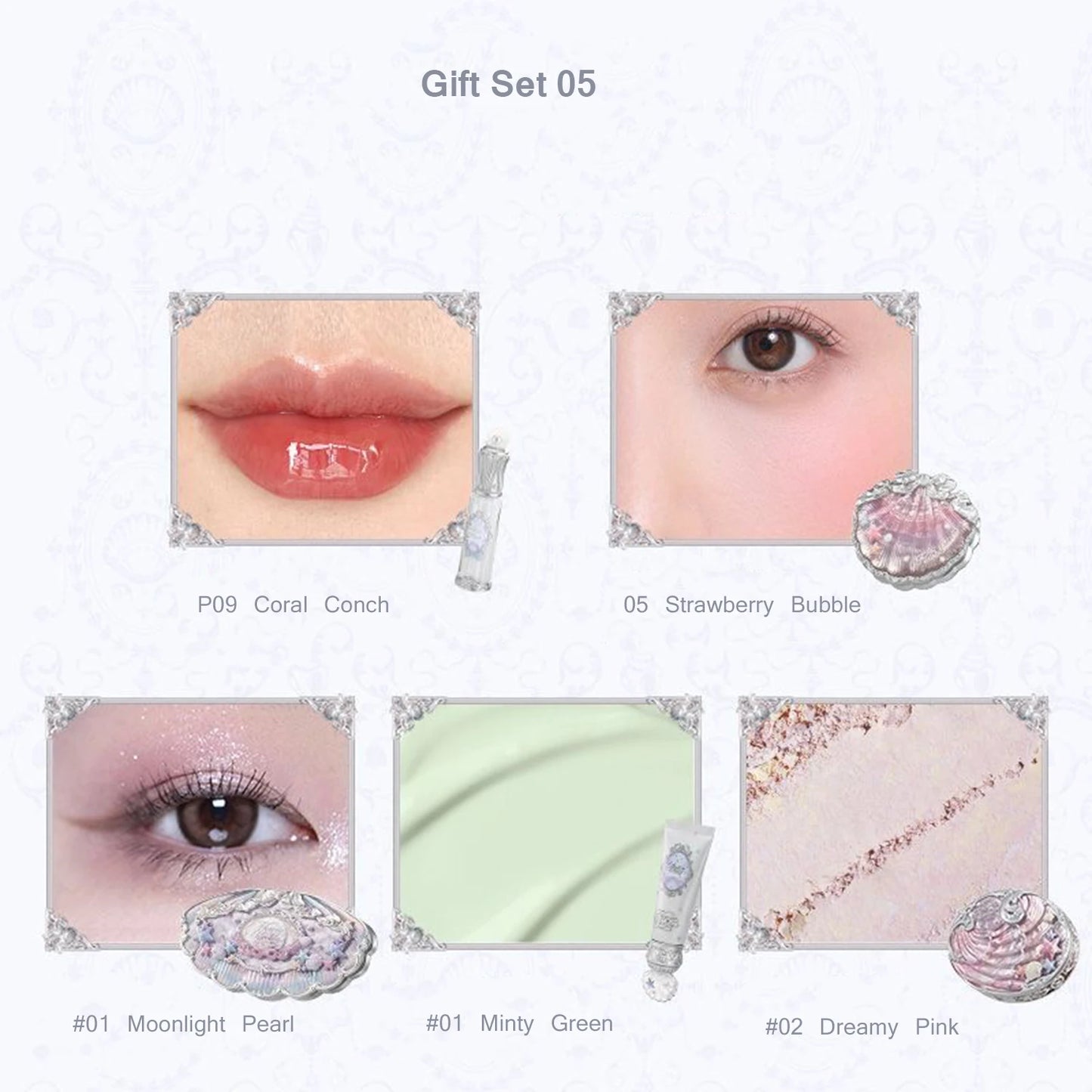 Flower Knows Shell Jewel Collection Professional Makeup Gift Set Eyeshadow Blush Lip Glaze Setting Powder Correcting Primer Kit