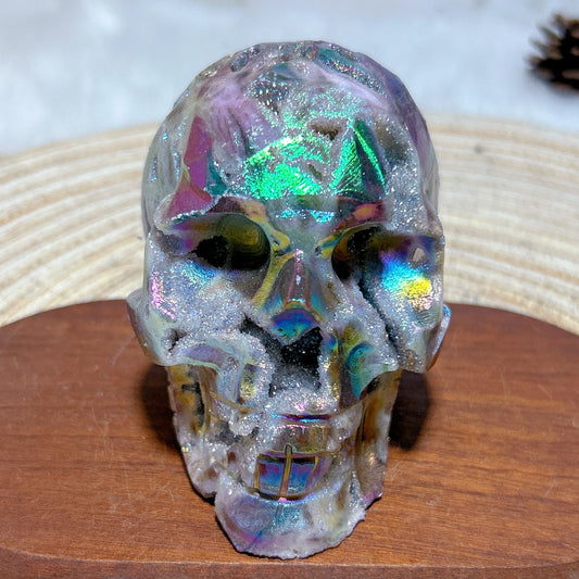 Colorful Aura Crystal Skull – Natural Druzy Geode for Spiritual Healing & Unique Home Decoration
