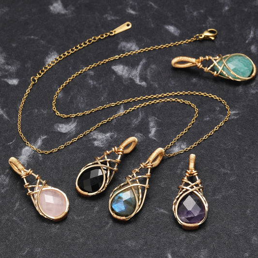 Natural Stone Crystal Teardrop Pendant Necklace – Elegant Women’s Jewelry, Stainless Steel Chain Gift
