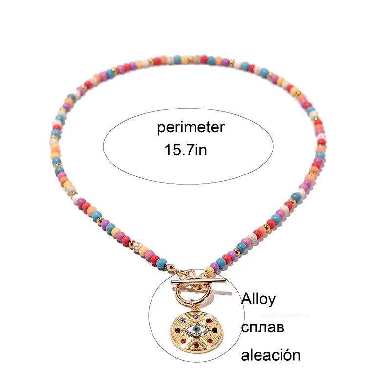Colorful Stone Choker Necklace for Women – Round Evil Eye Pendant, Boho Style Jewelry, Fashionable Daily & Party Accessory