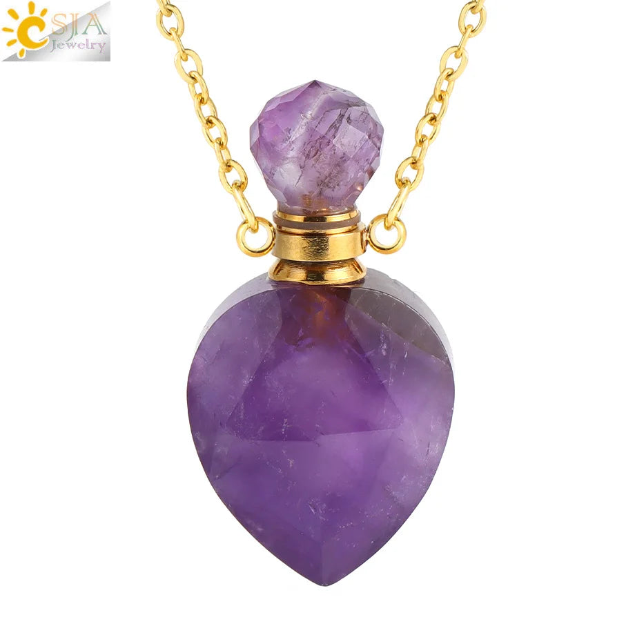 Vintage Heart Crystal Perfume Bottle Necklace – Natural Gemstone Pendant, Stainless Steel Chain, Romantic Gift