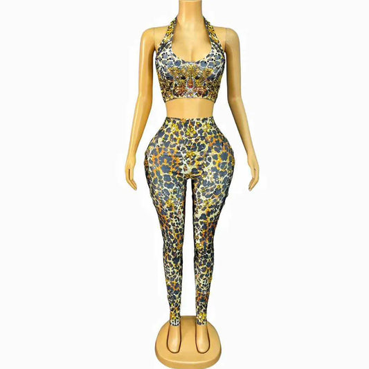 Sparkly Rhinestones Leopard Print Halter Top Leggings Stretch 2 Pieces Set Birthday Party Show Dance Performance Stage Wear