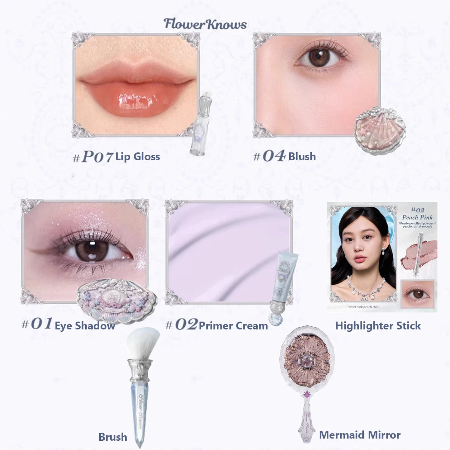 Flower Knows Shell Jewelry Essence Shimmer Lip Gloss Blush For Cheek Red Makeup Pearl Eye Shadow Ocean Mysterious Gift Box