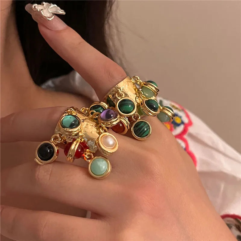 Vintage Multicolor Stone Statement Ring – Open Adjustable Ring for Women, Bohemian Chic Jewelry