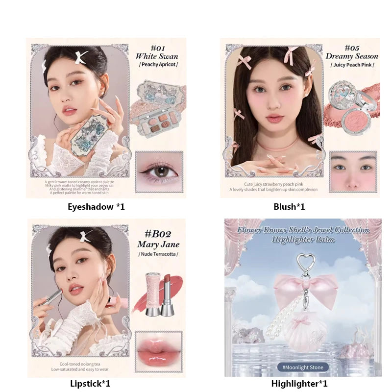 Flower Knows Makeup Sets Swan Ballet Eyeshadow Palette Matte Glow Shimmer Powder Blush Moisturizing Lipstick Highlighter Kit