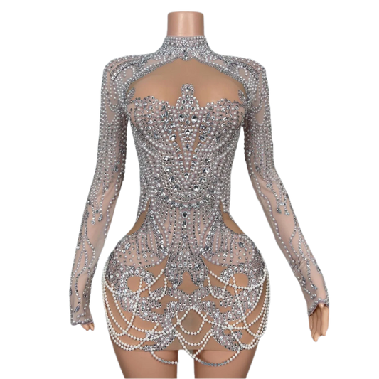 High-end Shine Rhinestones Elegant Mini Dress Women Sexy Birthday Party Pearls Crystals Dress Luxury Dinners Evening Dress Pansi