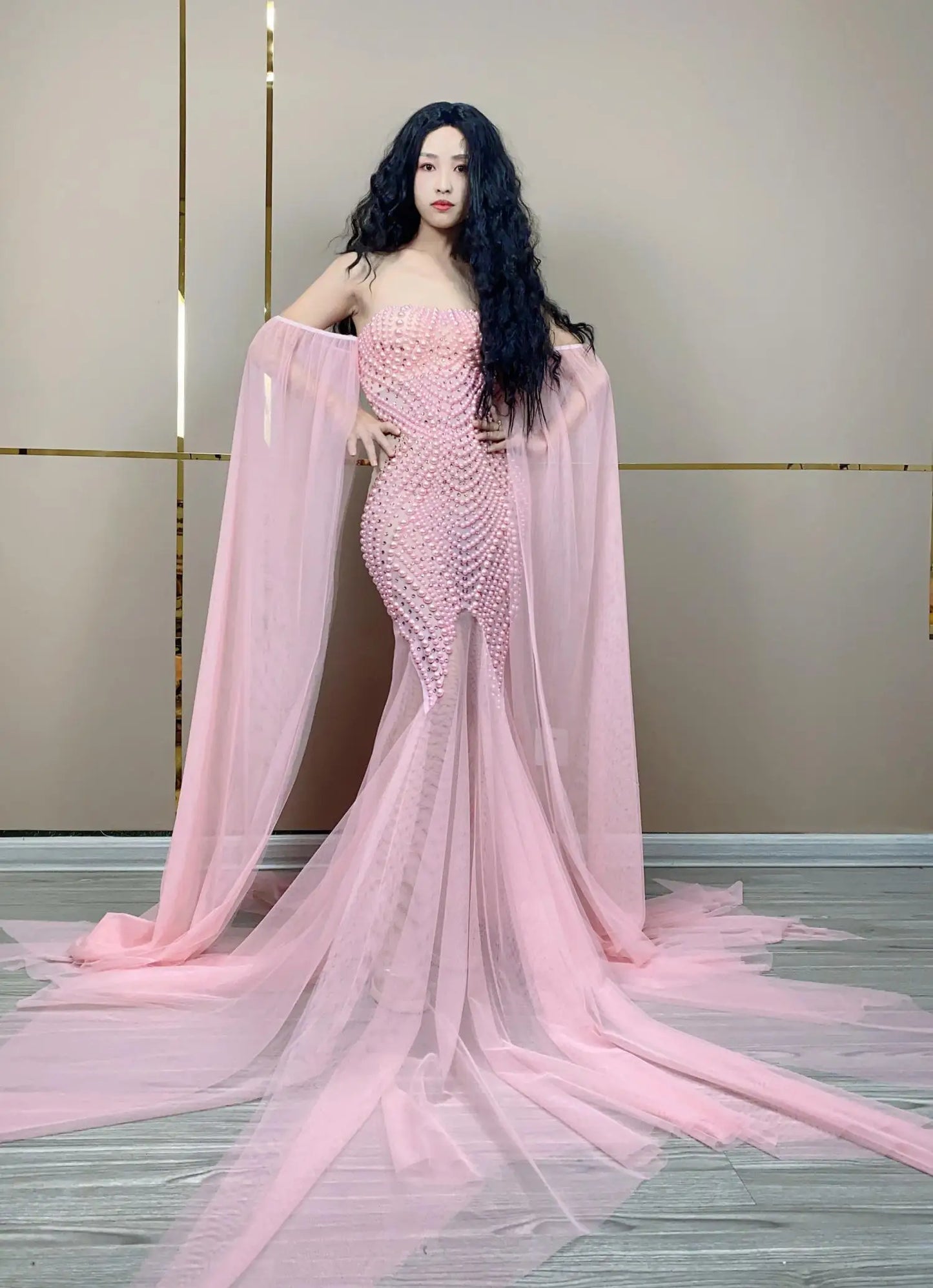 Elegant Wedding Party Dress Mesh Strapless Sexy Women Photograph Wear Pearls Evening Gown Birthday Celebrate Ball Dress Bowu