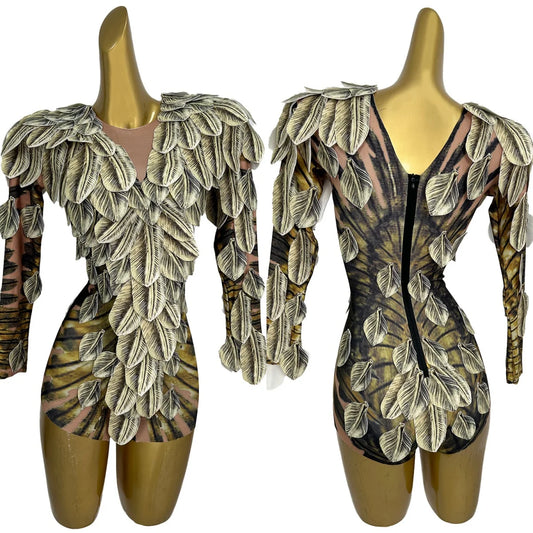 Spandex Feather Print Tight Fitting Elastic Bodysuit Night Party Outfit Festival Celebrate Stage Performance Catsuit gig Wear
