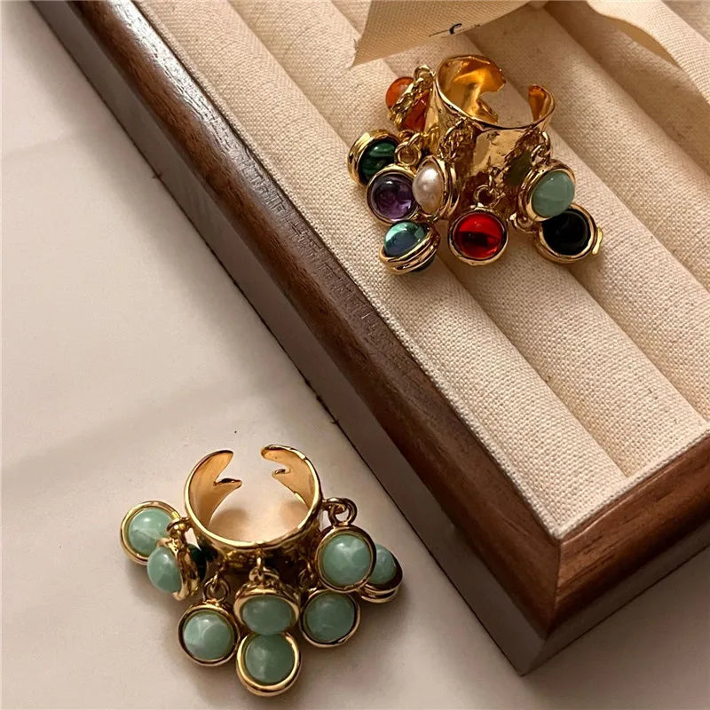 Vintage Multicolor Stone Statement Ring – Open Adjustable Ring for Women, Bohemian Chic Jewelry