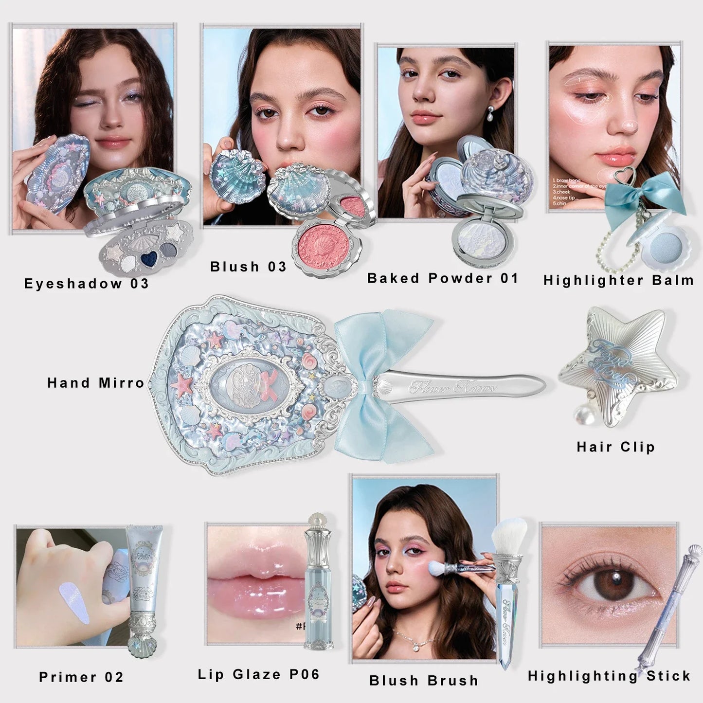Flower Knows  Shell's Jewel Mermaid Makeup Gift Set Eyeshadow Lip Gloss Blush Ocean Theme Cosmetic Kit for Girls New Arrival