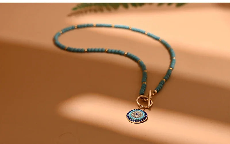 Colorful Stone Choker Necklace for Women – Round Evil Eye Pendant, Boho Style Jewelry, Fashionable Daily & Party Accessory