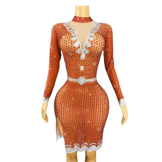 Festival Celebrate Party Outfit Sparkly Crystals Side Slits Short Dress Tight Fitting Long Sleeved Rhinestone Dress Dingdingdang