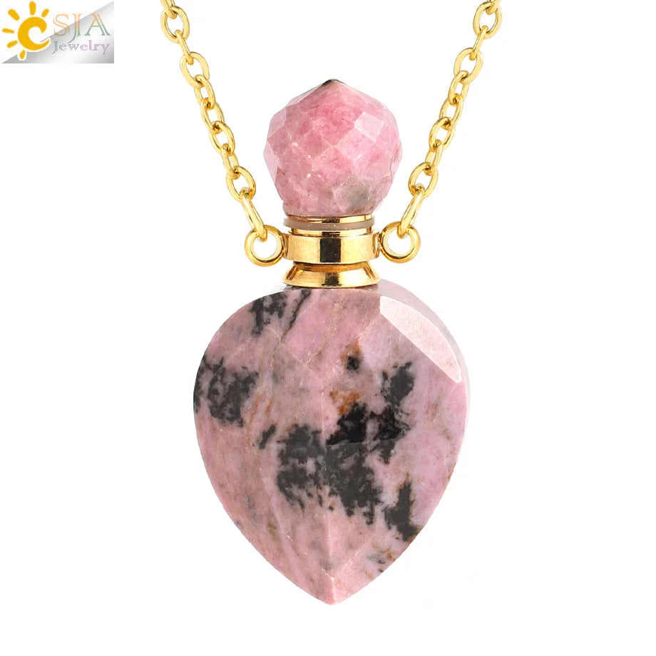 Vintage Heart Crystal Perfume Bottle Necklace – Natural Gemstone Pendant, Stainless Steel Chain, Romantic Gift