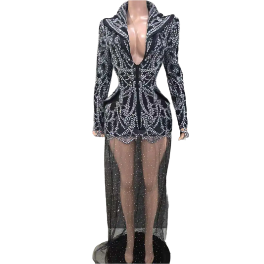 Top Quality Women Long Sleeve Sexy Deep V-Neck Bodycon Mesh Long Dress Celebrate Nightclub Performance  Costume Stage Wear
