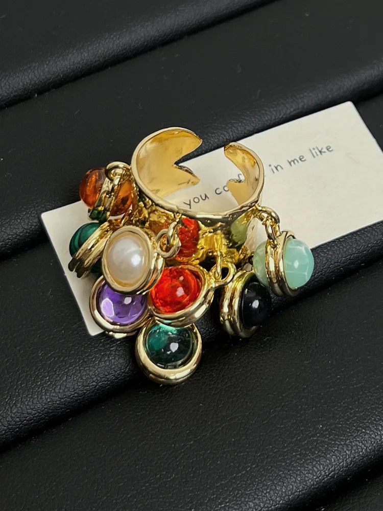 Vintage Multicolor Stone Statement Ring – Open Adjustable Ring for Women, Bohemian Chic Jewelry