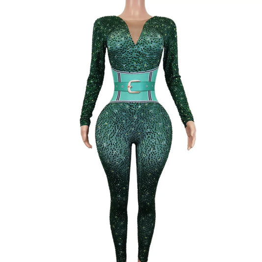 Mono Mujer Belt Print Spandex Bodysuit Stripper Outfit Dancer Leotards One Piece Rompers Women Sexy Party Rhinestone Jumpsuits
