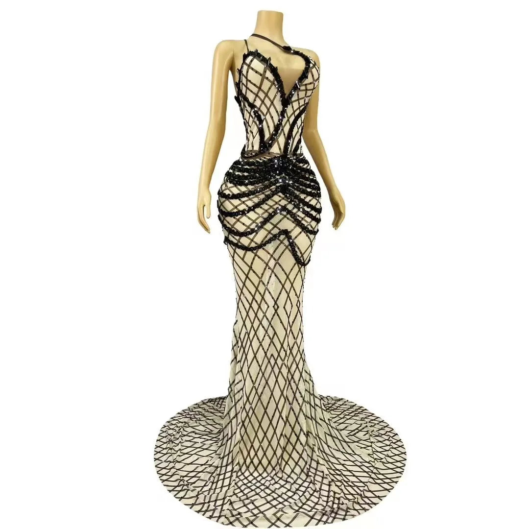 Sexy High-end Sparkly Rhinestones Sequins Supenders Mesh Trailing dress Women Evening Prom Gown Show Red carpet Stage Gowns