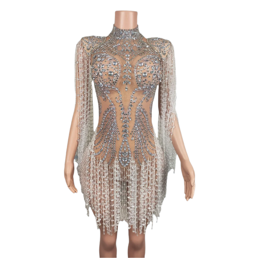 Fancy Crystals Tassel Bodysuit Luxury Sexy See Through Mesh Leotard Nightclub Event Party Show Stage Performance Wear Hanshuang