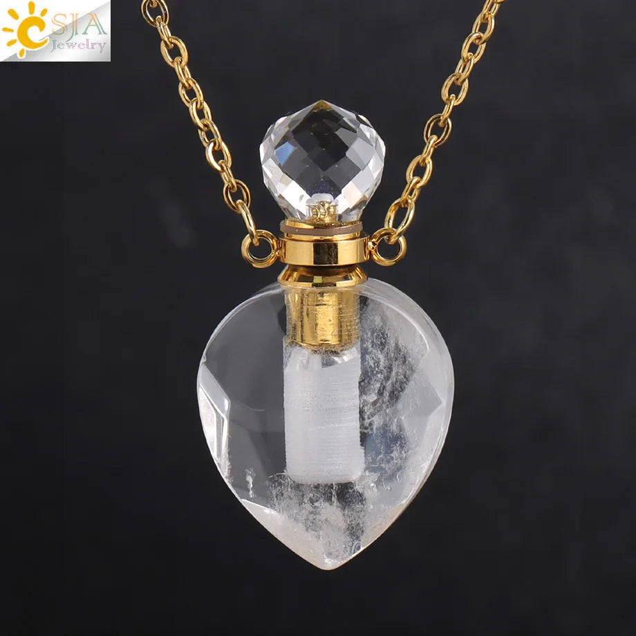Vintage Heart Crystal Perfume Bottle Necklace – Natural Gemstone Pendant, Stainless Steel Chain, Romantic Gift