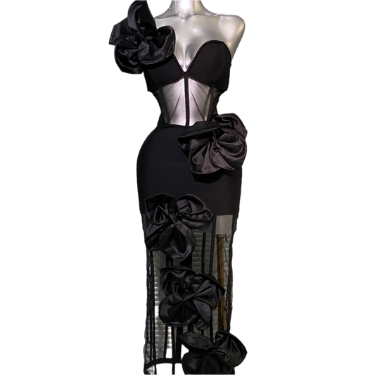 New Women Summer Sexy Mesh Black Flower One Shoulder Black Long Bodycon Bandage Dress Birthday Celebrity Party Dress Gloves