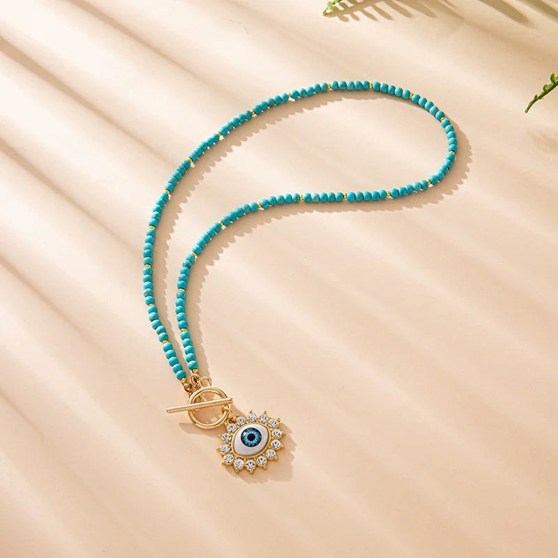 Colorful Stone Choker Necklace for Women – Round Evil Eye Pendant, Boho Style Jewelry, Fashionable Daily & Party Accessory
