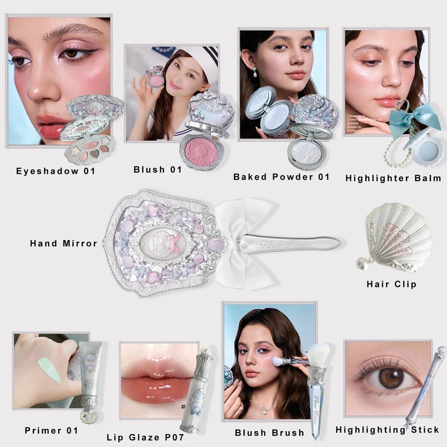 Flower Knows  Shell's Jewel Mermaid Makeup Gift Set Eyeshadow Lip Gloss Blush Ocean Theme Cosmetic Kit for Girls New Arrival
