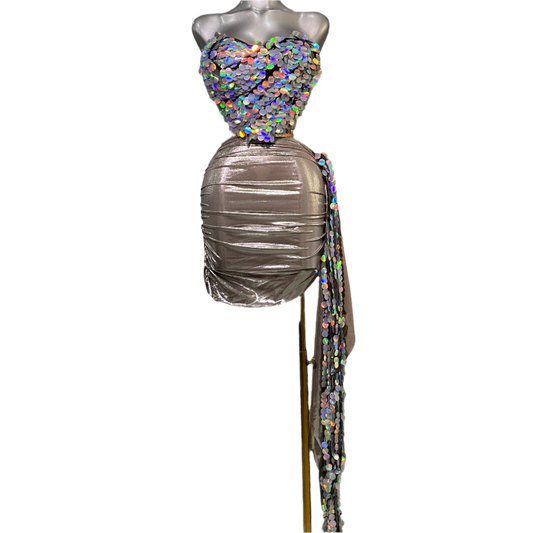 Women Sexy Sequins Gray Two Pieces Set Colorful Crystal Diamonds Night Club Skirt Suits Singer Dancer Stage Performance Costume