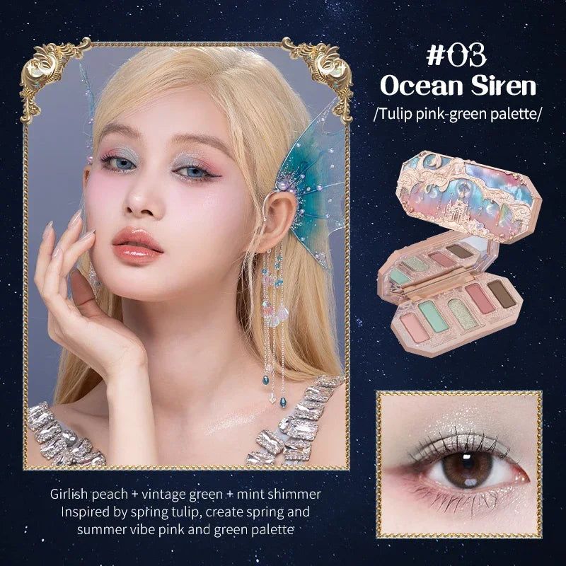 Flower Knows Moonlight Mermaid Series Glitter Eyeshadow Palette High Pigment Shell Jewelry Blush Makeup Brush Set Matte Finish