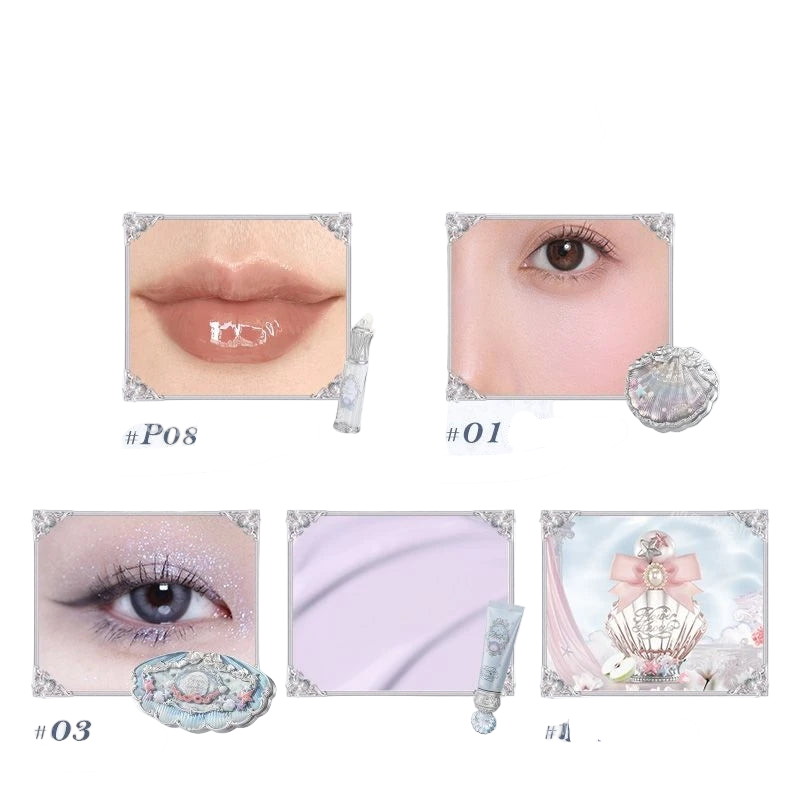 5pcs/set 2025 New Flower Knows Shells Pearl Series Lip gloss Eyeshadow Powder Blush Face Primer Base Makeup Set