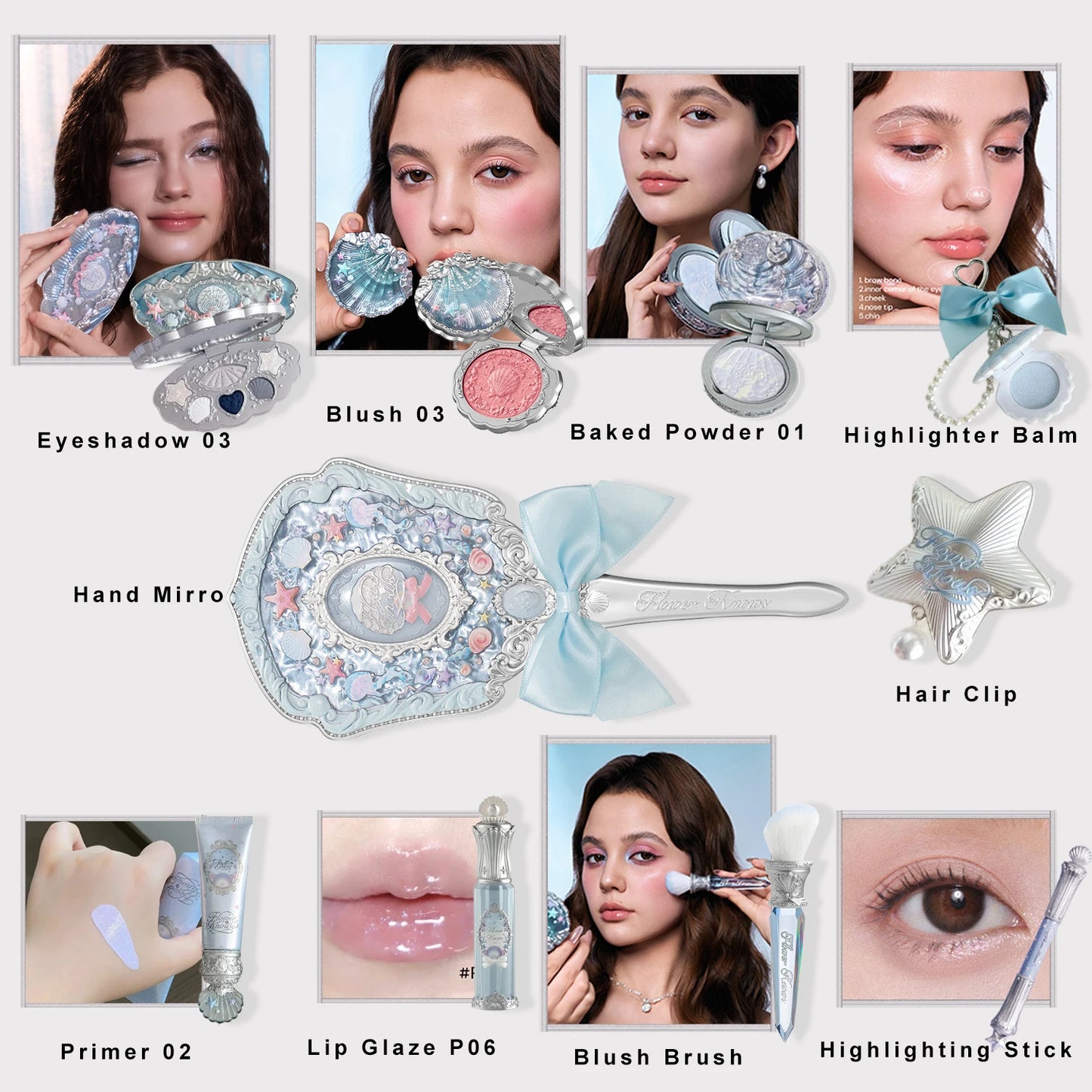 Flower Knows Shell Pearl Makeup Set Eyeshadow Lip Gloss Blush Ocean Gift Box Cosmetic Kit New Collection Mermaid Theme