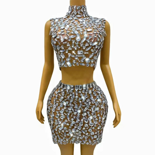 Silver Big Rhinestones Shining Top Skirt 2pcs Set Sexy Mesh Transparent Crystals Outfit Birthday Party Photoshoot Collections