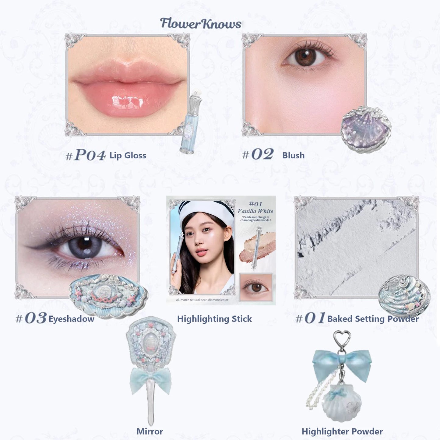 Flower Knows Shell Jewelry Essence Shimmer Lip Gloss Blush For Cheek Red Makeup Pearl Eye Shadow Ocean Mysterious Gift Box