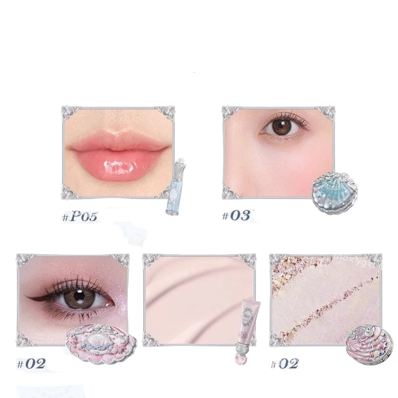 5pcs/set 2025 New Flower Knows Shells Pearl Series Lip gloss Eyeshadow Powder Blush Face Primer Base Makeup Set