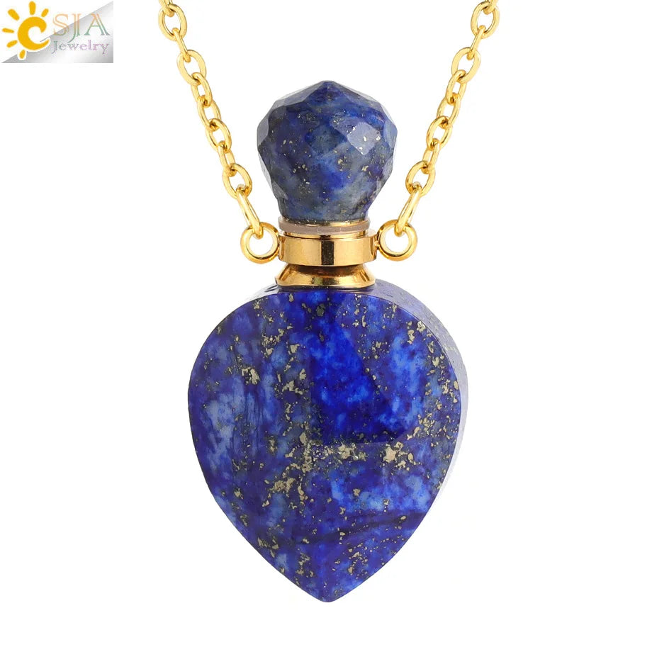 Vintage Heart Crystal Perfume Bottle Necklace – Natural Gemstone Pendant, Stainless Steel Chain, Romantic Gift