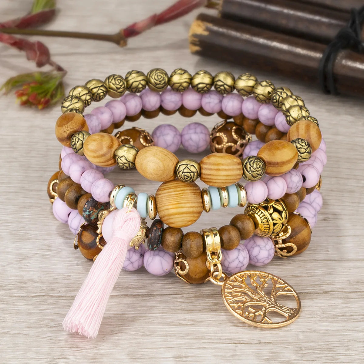 Boho Wooden Beaded Bracelet Set for Women – Tree of Life Charm, White Tassels, 4-Piece Elastic Stackable Bangle, Bohemian Jewelry