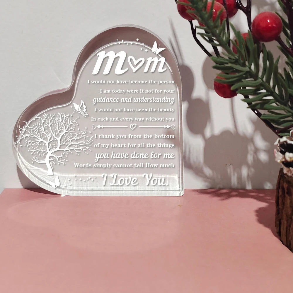 Heart-Shaped Acrylic Plaque Gift for Mom – Transparent Keepsake for Mother's Day, Birthday, and Family Celebration