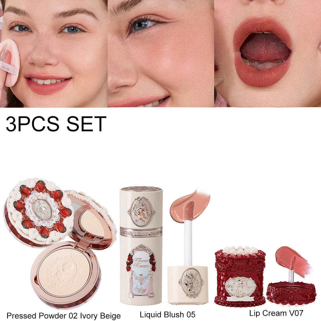 Flower Knows Strawberry Cupid Velvet Matte Lip Cream Pressed Powder Liquid Blush Set Long Lasting Lightweight Makeup