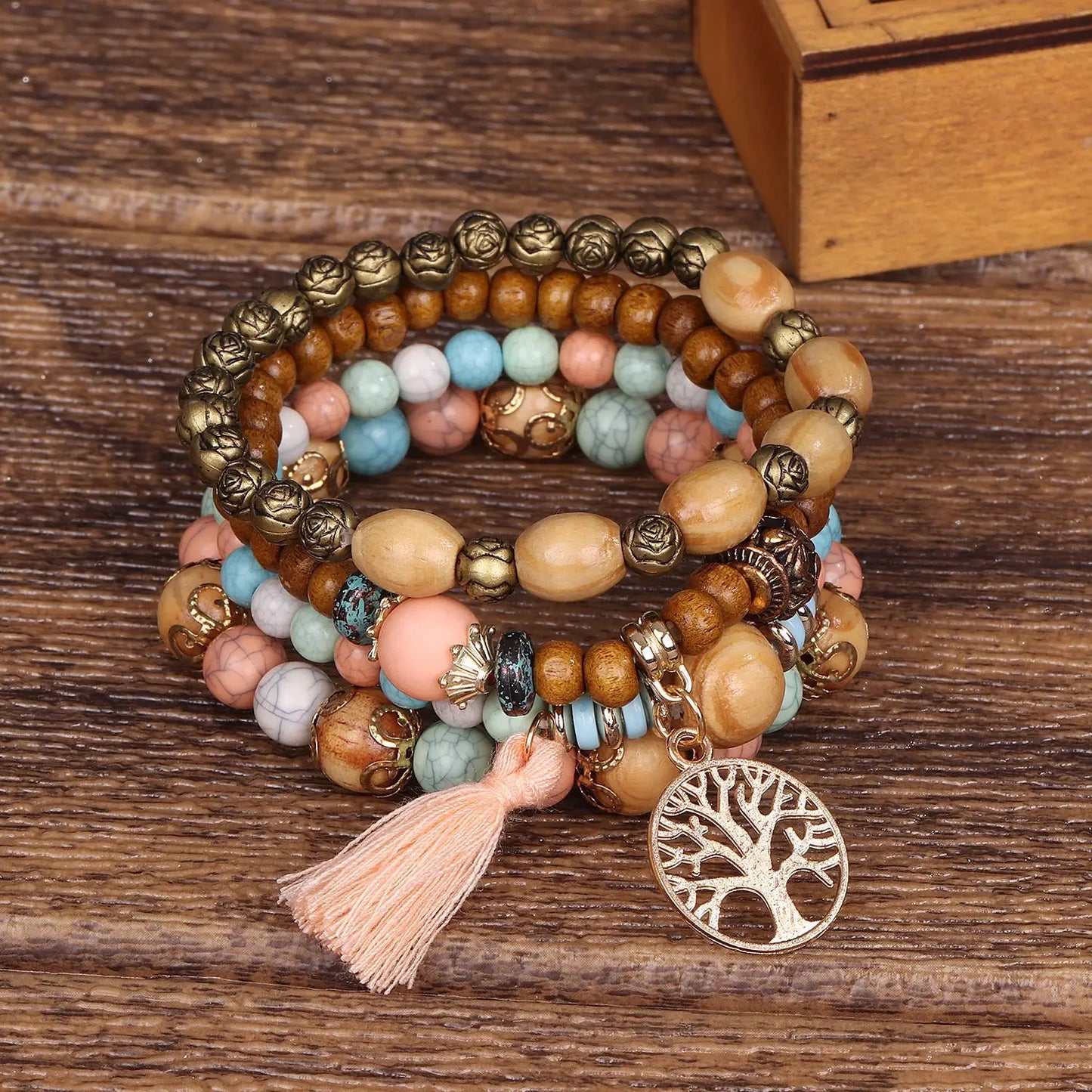 Boho Wooden Beaded Bracelet Set for Women – Tree of Life Charm, White Tassels, 4-Piece Elastic Stackable Bangle, Bohemian Jewelry