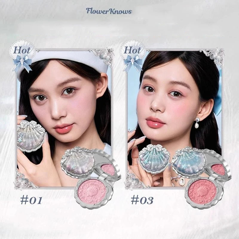 Flower Knows Moonlight Mermaid Series Glitter Eyeshadow Palette High Pigment Shell Jewelry Blush Makeup Brush Set Matte Finish