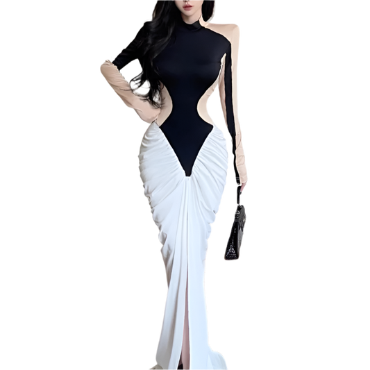Ezgaga Women Dresses Sexy Long Sleeve Elegant Ruched Split Stand Collar Temperament French Style Chic Ladies Party Dress