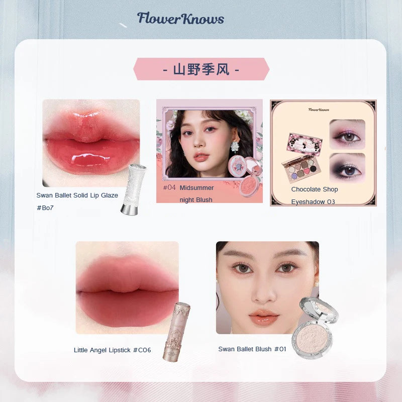 Flower Knows Gift Set Little Angel Lip Glaze Original Matte Blush For Cheeks Vegan Long Lasting Eyeshadow Palette Make Up Set