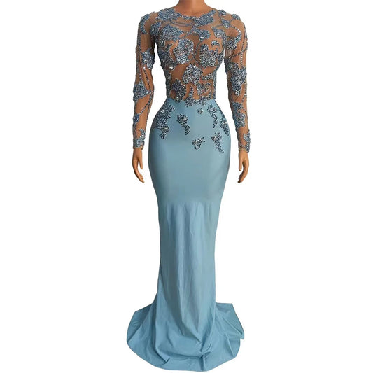 Sexy Stage Rhinestones Transparent Long Dress Women Dance Performance Outfit Evening Birthday Celebrate Photo Shoot Dress