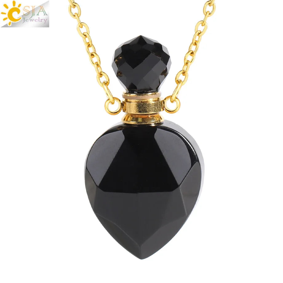 Vintage Heart Crystal Perfume Bottle Necklace – Natural Gemstone Pendant, Stainless Steel Chain, Romantic Gift