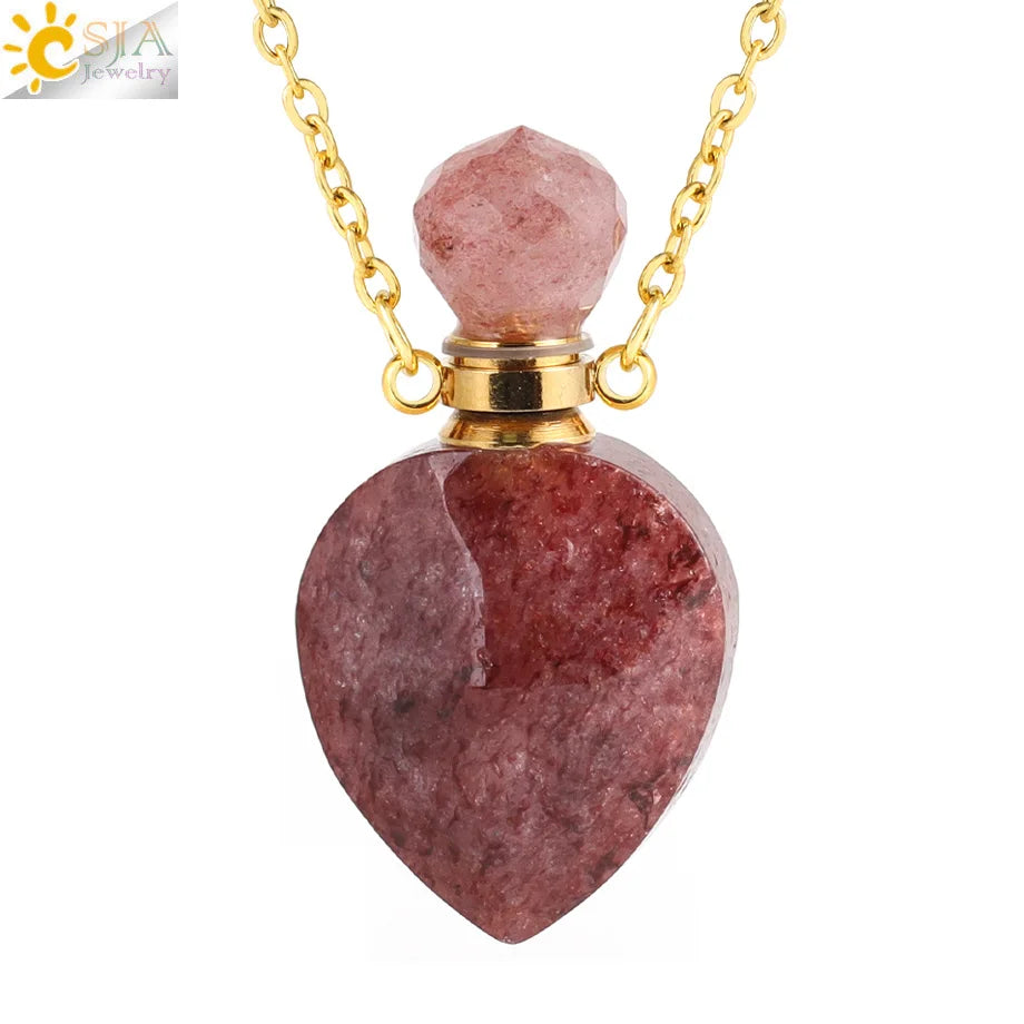 Vintage Heart Crystal Perfume Bottle Necklace – Natural Gemstone Pendant, Stainless Steel Chain, Romantic Gift