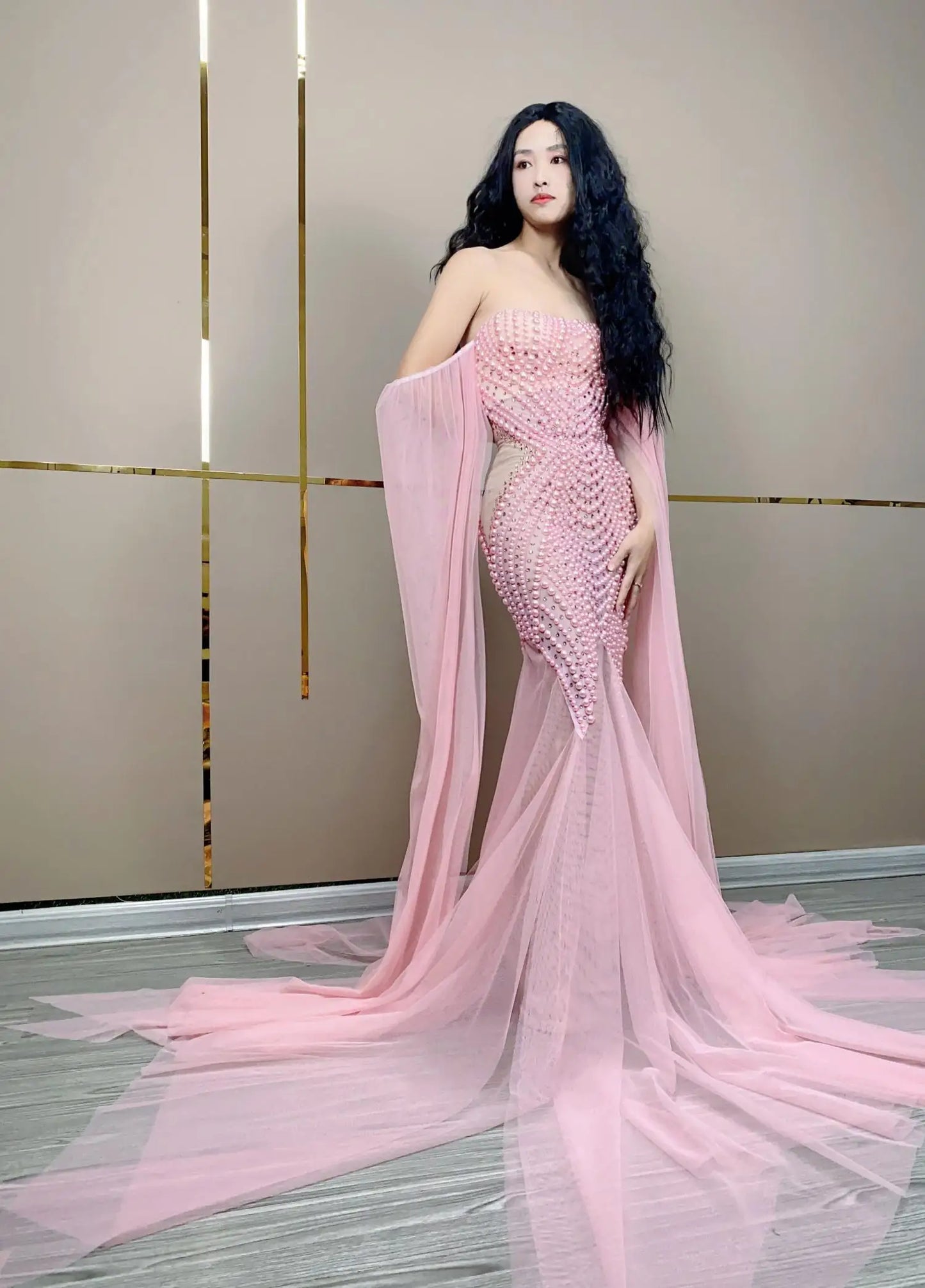 Elegant Wedding Party Dress Mesh Strapless Sexy Women Photograph Wear Pearls Evening Gown Birthday Celebrate Ball Dress Bowu