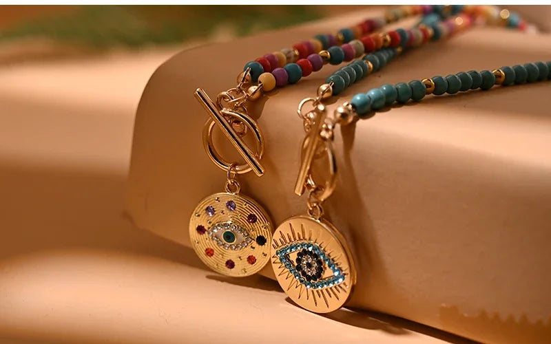 Colorful Stone Choker Necklace for Women – Round Evil Eye Pendant, Boho Style Jewelry, Fashionable Daily & Party Accessory