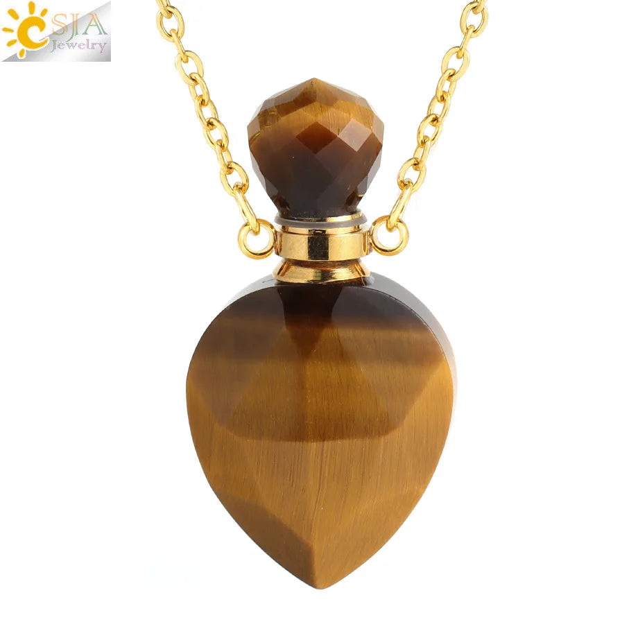 Vintage Heart Crystal Perfume Bottle Necklace – Natural Gemstone Pendant, Stainless Steel Chain, Romantic Gift