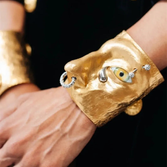 Bold Vintage Eye Cuff Bracelet for Women – Statement Alloy Plated Open Bangle, Artistic Fashion Jewelry, Unique Hand Accessory