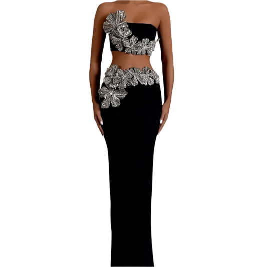 Brand New Women Sexy Strapless Crystal Diamonds Flower Black Two Piece Long Bandage Set 2024 Celebrity Evening Party Women's Set